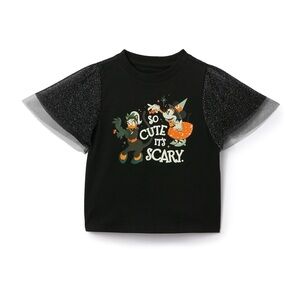 Disneyland Minnie Halloween Black Graphic T-Shirt with Glitter Sleeves